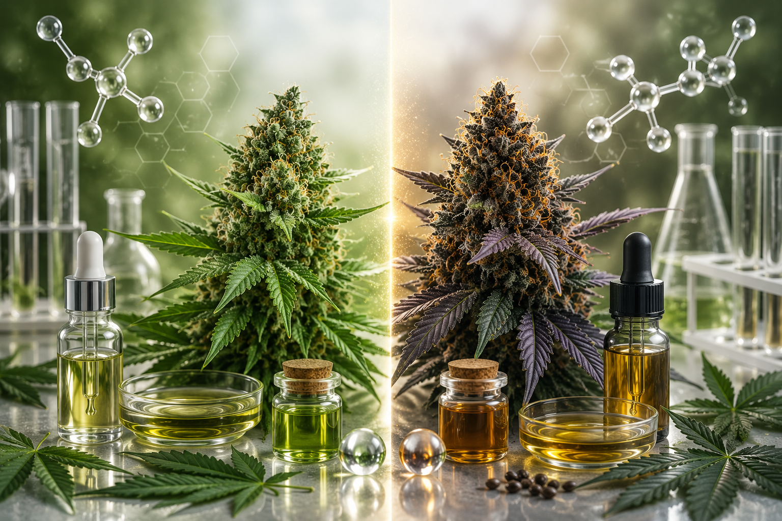 Illustration scientifique comparant le CBD et le THC avec deux fleurs de chanvre, des structures moléculaires, des extraits végétaux et du matériel de laboratoire dans un environnement botanique.