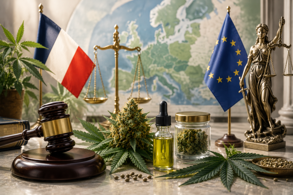 Illustration représentant le cadre légal du CBD en France et en Europe avec une fleur de chanvre, une huile de CBD, des symboles de justice, les drapeaux français et européen ainsi qu'une carte de l'Europe.