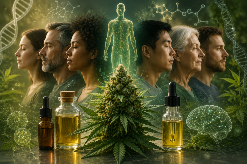 Illustration scientifique représentant plusieurs personnes aux profils différents autour d'une fleur de chanvre, avec des molécules, une double hélice d'ADN, un cerveau et des huiles de CBD illustrant la variabilité individuelle des réponses au cannabidiol.