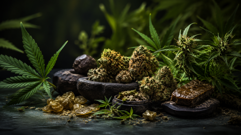 Fleurs de CBD séchées entourées de feuilles de chanvre, de résine et de trichomes dans une composition botanique sombre