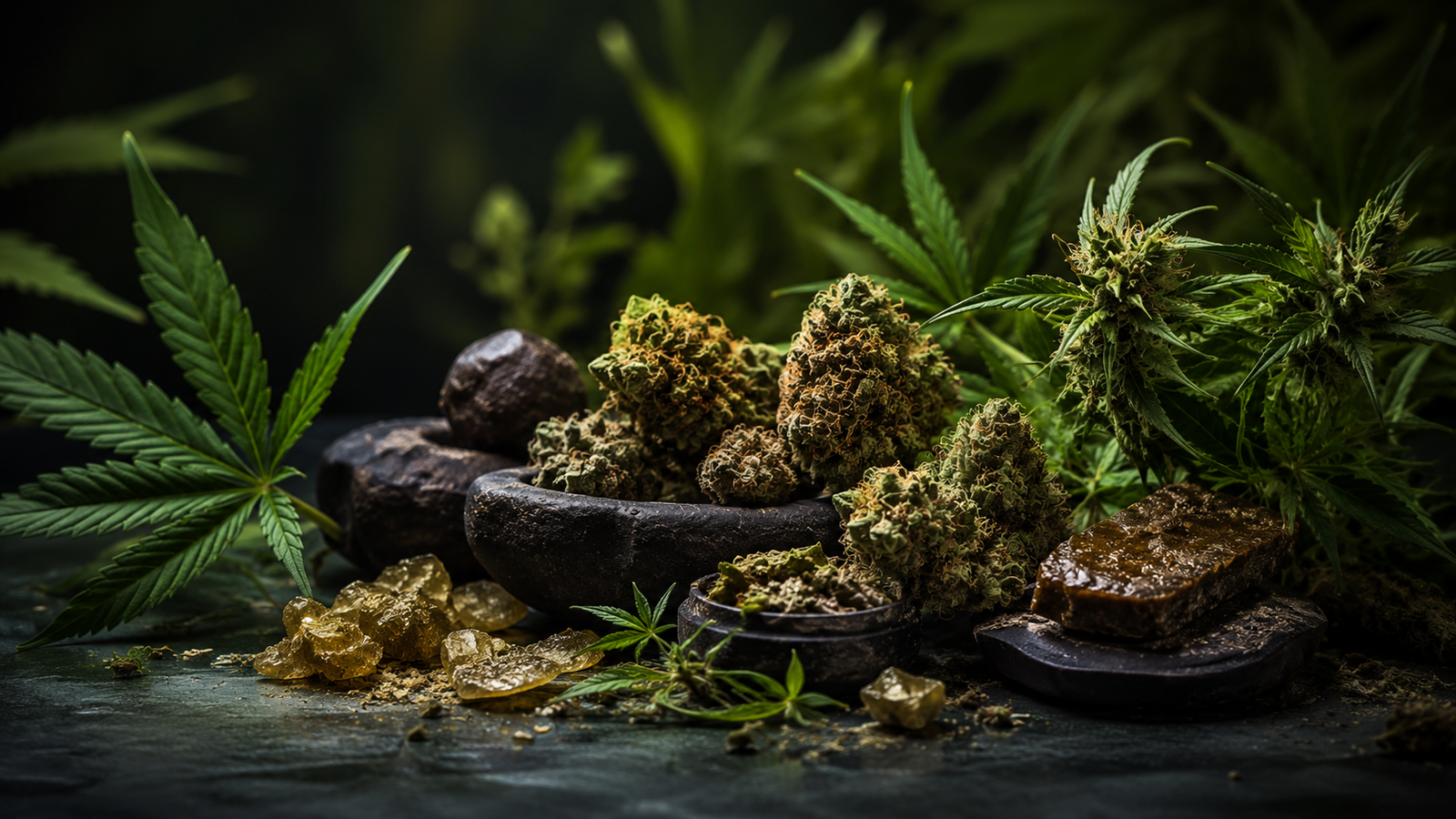 Fleurs de CBD séchées entourées de feuilles de chanvre, de résine et de trichomes dans une composition botanique sombre