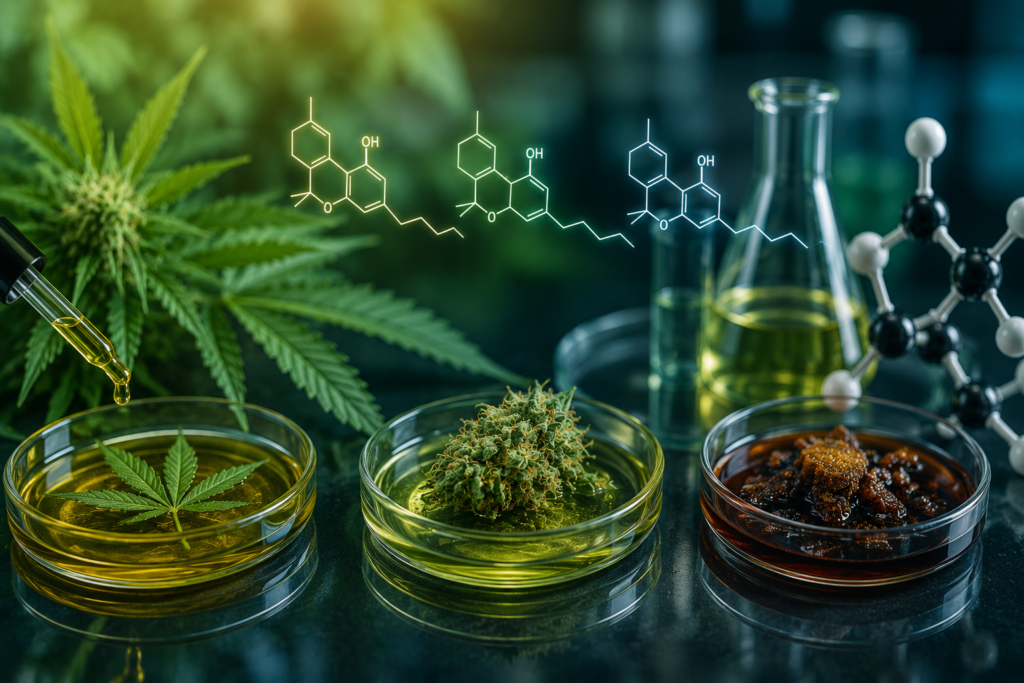Comparaison scientifique du CBD, du CBG et du CBN avec extraits de cannabis et structures moléculaires