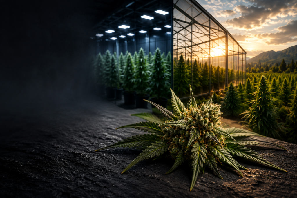 Fleur de chanvre devant une culture indoor, une serre greenhouse et un champ outdoor