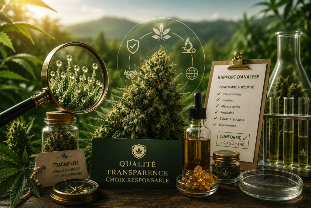 Illustration scientifique représentant le cannabidiol (CBD) avec une fleur de chanvre riche en trichomes, des extraits de CBD, une structure moléculaire et du matériel de laboratoire dans un environnement botanique.
