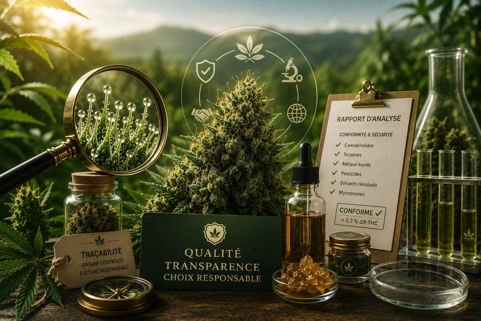 Illustration scientifique représentant le cannabidiol (CBD) avec une fleur de chanvre riche en trichomes, des extraits de CBD, une structure moléculaire et du matériel de laboratoire dans un environnement botanique.