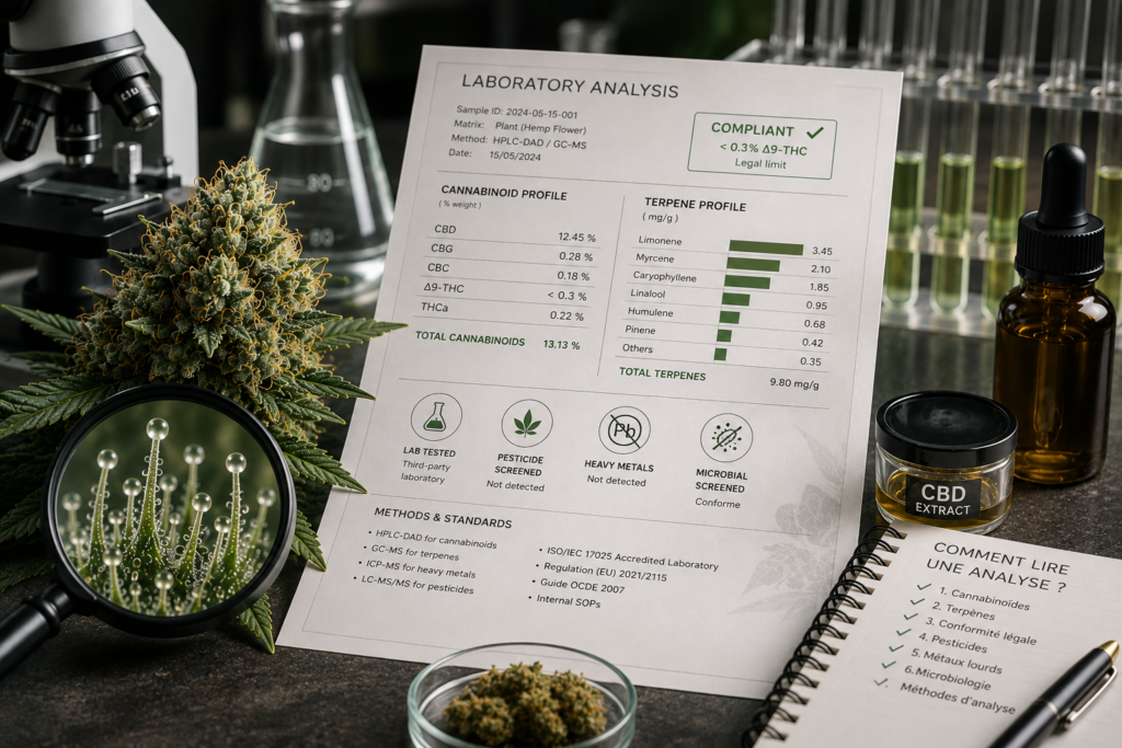 Lecture d’un certificat d’analyse de laboratoire pour un produit CBD