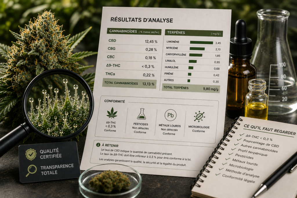 Illustration représentant un rapport d'analyse de laboratoire d'un produit CBD avec les taux de cannabinoïdes, de terpènes et différents critères de conformité dans un environnement scientifique.