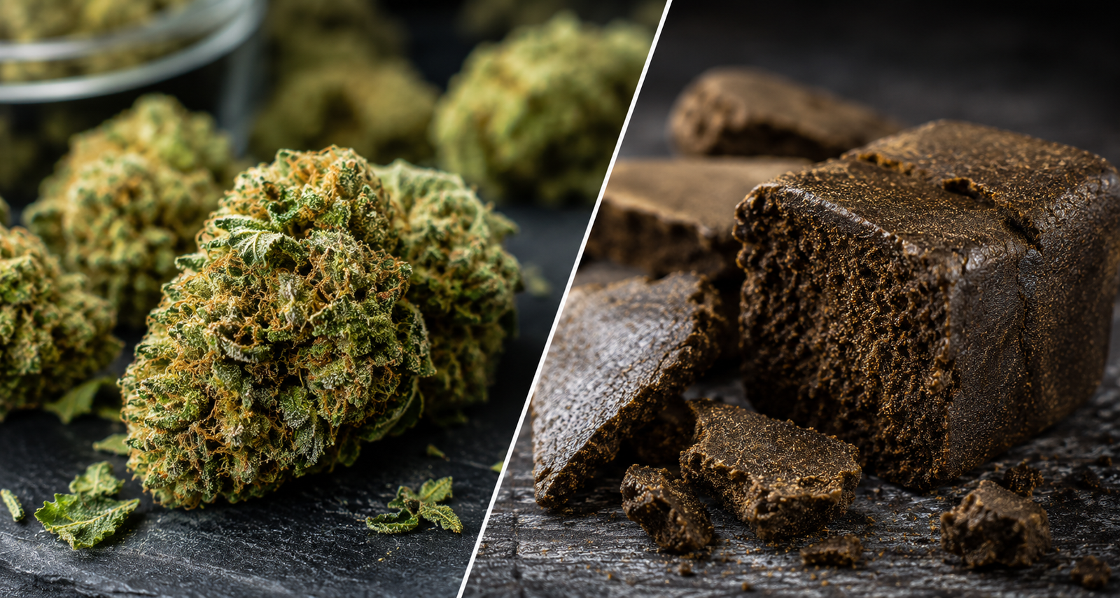 Comparaison entre fleurs de CBD et résine de CBD montrant leurs différences de texture et de matière