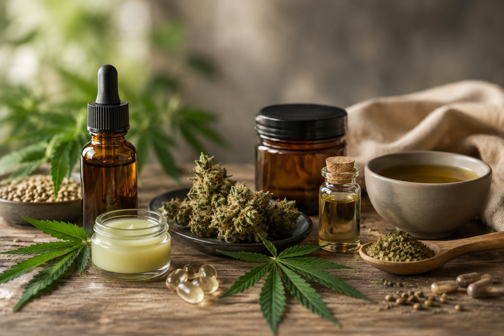 Différentes formes de produits CBD avec huile, fleurs, capsules, baume et préparation végétale