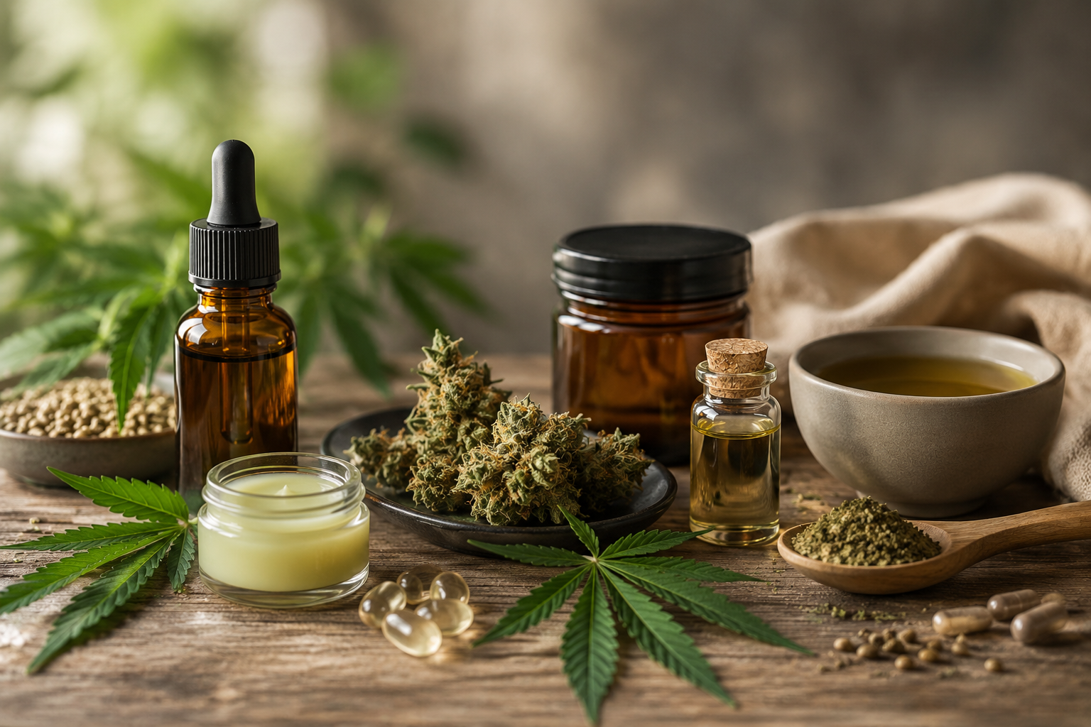 Différentes formes de produits CBD avec huile, fleurs, capsules, baume et préparation végétale