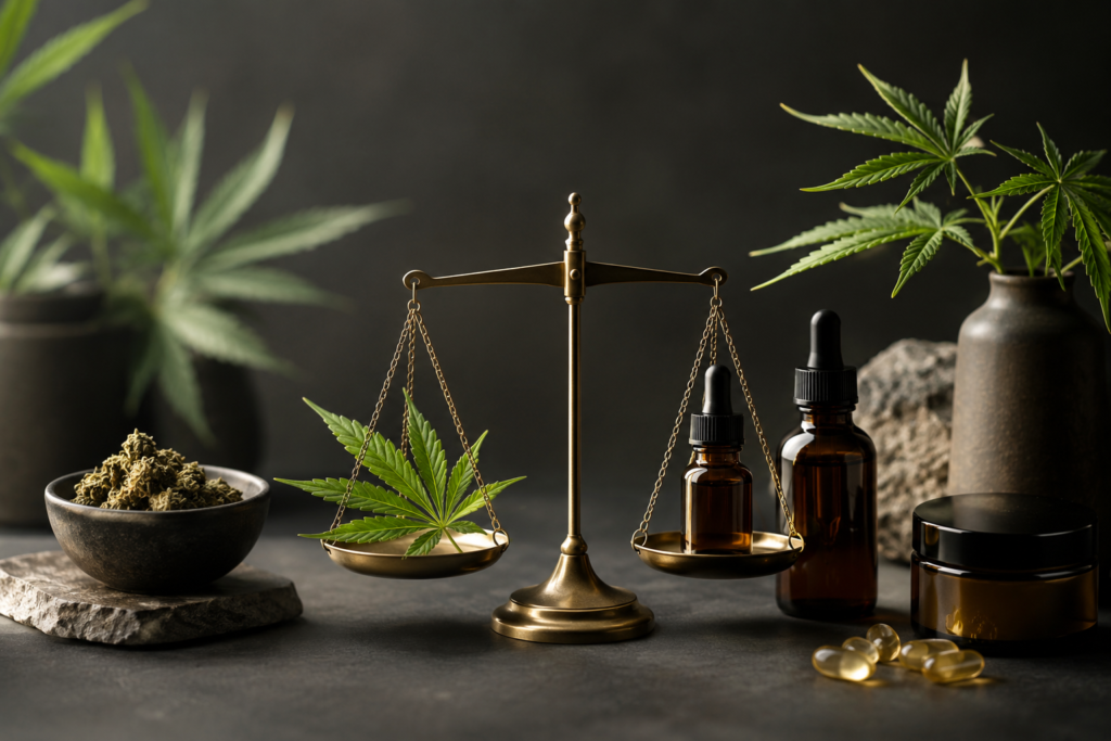 Balance en laiton comparant une feuille de chanvre et différents produits au CBD, illustrant les limites et les attentes réalistes autour du cannabidiol