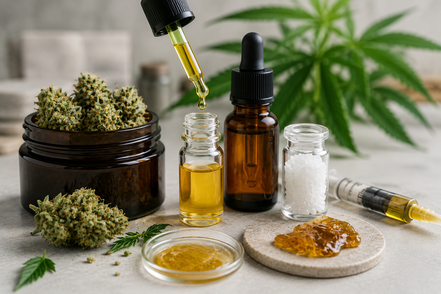 Produit CBD enrichi avec fleurs de chanvre, extrait, isolat et matériel de formulation