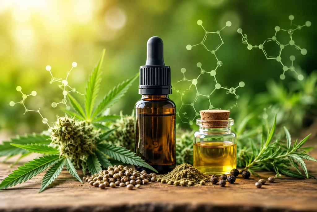 Fleurs de CBD, huile et extrait illustrant les facteurs pouvant influencer l’intensité perçue d’un produit enrichi