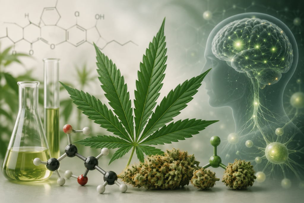 Illustration scientifique des cannabinoïdes avec feuille de cannabis, molécules, laboratoire et système nerveux