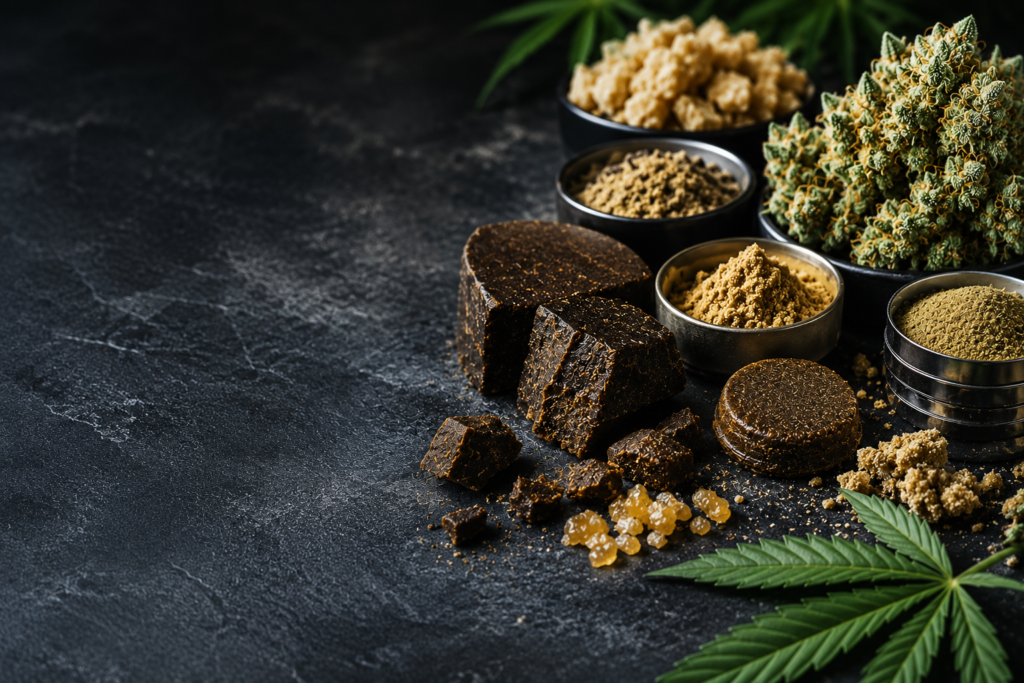 Différentes résines CBD pressées et poudreuses présentées avec des fleurs et des feuilles de chanvre