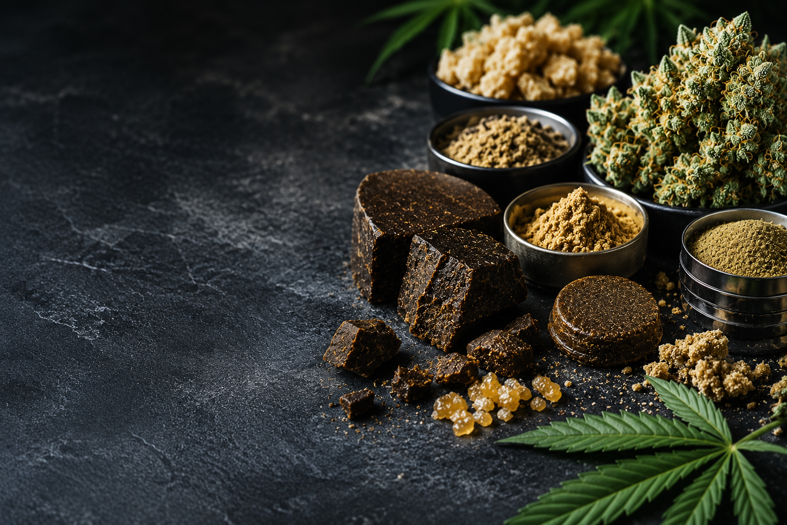 Différentes résines CBD pressées et poudreuses présentées avec des fleurs et des feuilles de chanvre