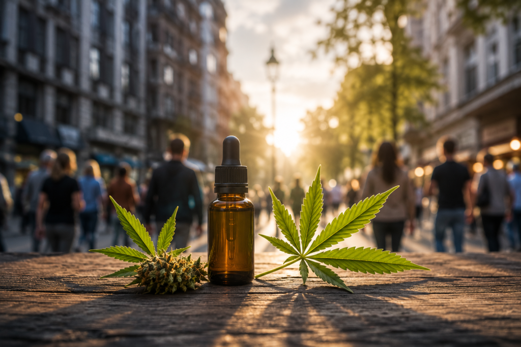 Flacon ambré et feuilles de chanvre dans une rue fréquentée, illustrant la perception sociale du CBD