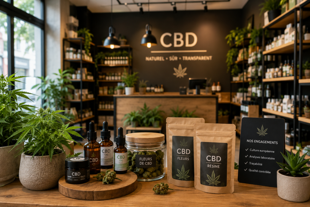 Boutique spécialisée présentant des huiles, fleurs et résines CBD, illustrant la professionnalisation du marché français
