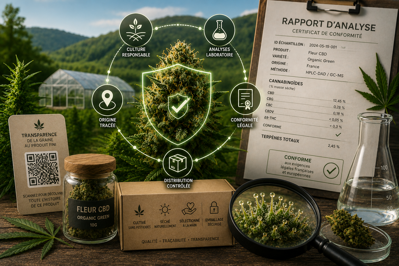 Illustration représentant la traçabilité d'un produit à base de chanvre avec une fleur riche en trichomes, un rapport d'analyse de laboratoire, des éléments de contrôle qualité et la chaîne de suivi du produit, de la culture jusqu'à la distribution.
