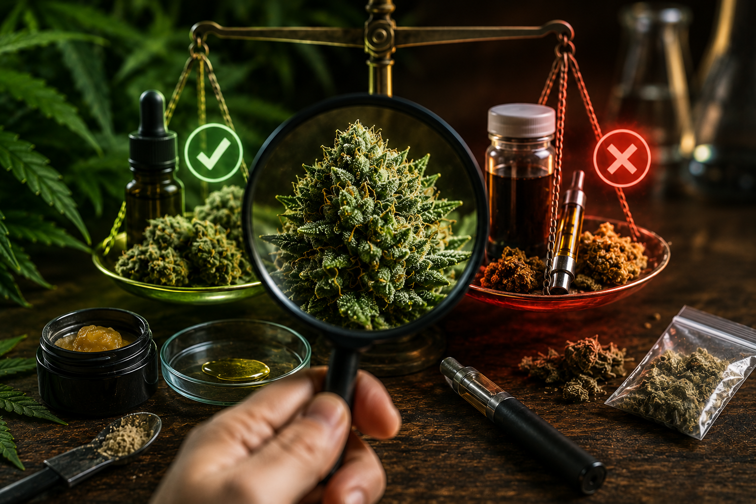 Illustration montrant la comparaison de différents produits enrichis à base de chanvre à l'aide d'une loupe, avec une fleur riche en trichomes, des extraits végétaux et des éléments de laboratoire illustrant les critères d'évaluation de la qualité.
