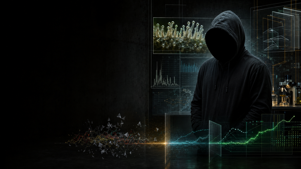 Homme à la capuche dans l’ombre observant des données sur les nouvelles tendances du secteur du CBD