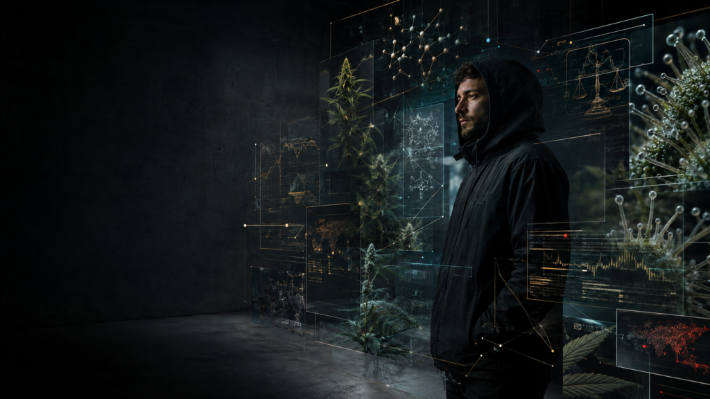 Homme à la capuche dans l’ombre entouré de données scientifiques, juridiques et botaniques sur le CBD