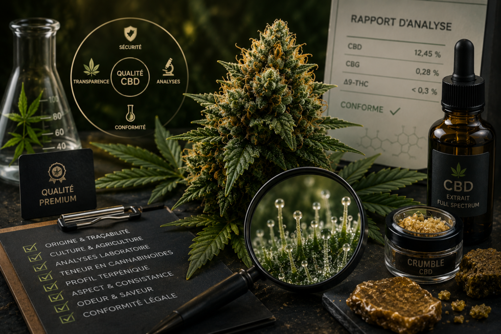 Illustration scientifique montrant l'évaluation de la qualité d'un produit CBD avec une fleur de chanvre, une loupe sur les trichomes, des analyses de laboratoire et différents produits CBD dans un environnement botanique.