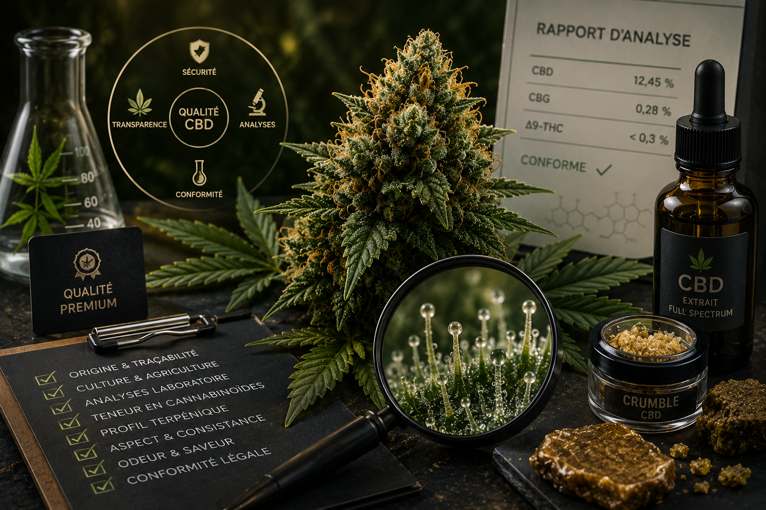 Illustration scientifique montrant l'évaluation de la qualité d'un produit CBD avec une fleur de chanvre, une loupe sur les trichomes, des analyses de laboratoire et différents produits CBD dans un environnement botanique.