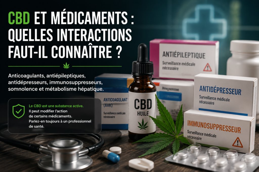 Flacons d’huile de CBD, comprimés et capsules représentant les interactions possibles avec des médicaments