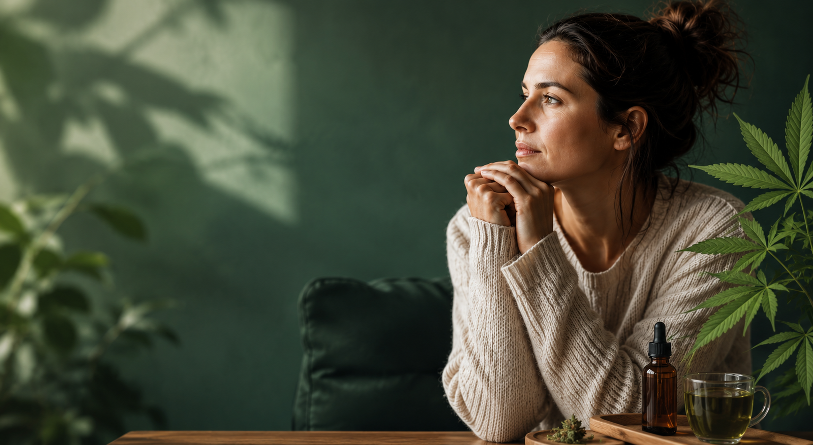 Femme pensive dans une ambiance calme avec un flacon d’huile de CBD sur une table