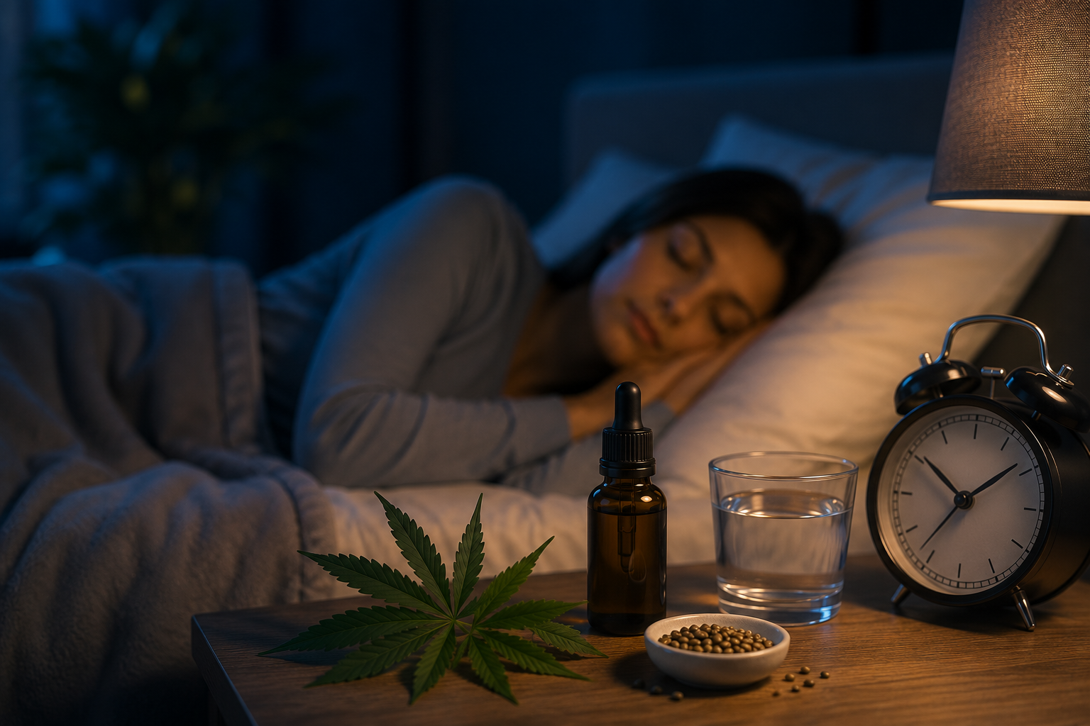 Flacon d’huile de CBD sur une table de chevet près d’une personne endormie