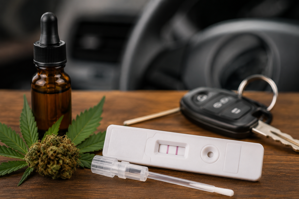Test salivaire présenté avec une fleur de CBD, un flacon et des clés de voiture