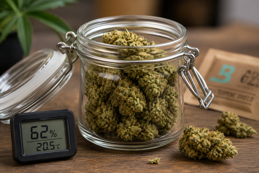 Fleurs CBD conservées dans un bocal hermétique avec contrôle de l’humidité et de la température