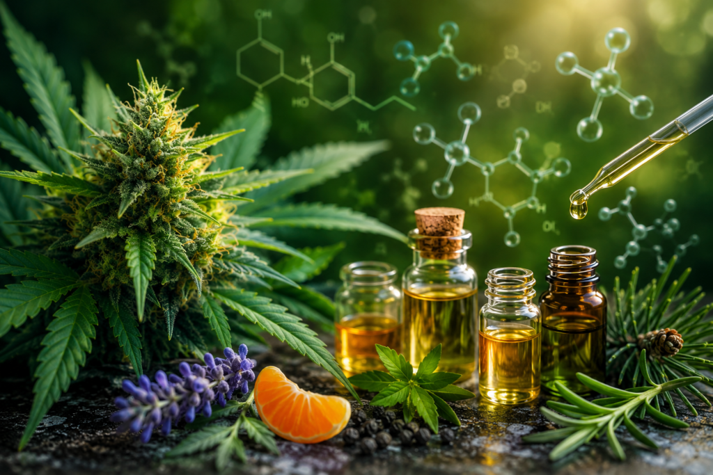 Fleur de chanvre entourée d’extraits aromatiques illustrant les interactions entre terpènes et cannabinoïdes