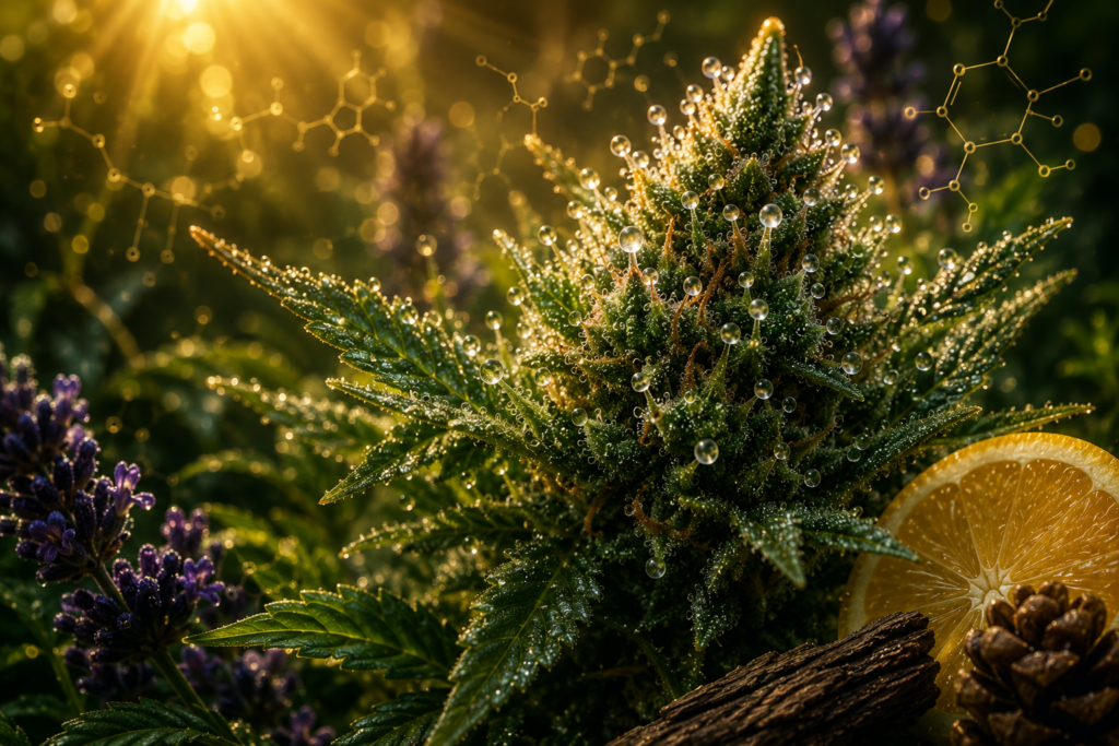 Illustration botanique représentant les terpènes produits par les plantes avec une fleur riche en trichomes, des molécules aromatiques et différents végétaux illustrant leurs fonctions biologiques.