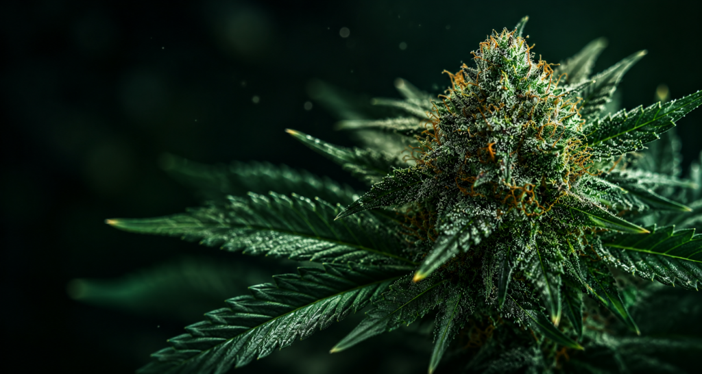 Gros plan d'une fleur de CBD avec trichomes, pistils orangés et structure dense utilisée pour illustrer les critères de qualité d'une fleur de CBD.