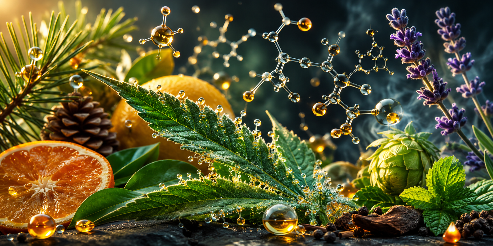 Illustration scientifique représentant les terpènes dans le monde végétal avec des structures moléculaires, une feuille riche en trichomes, des agrumes, du houblon, de la lavande et des aiguilles de pin.