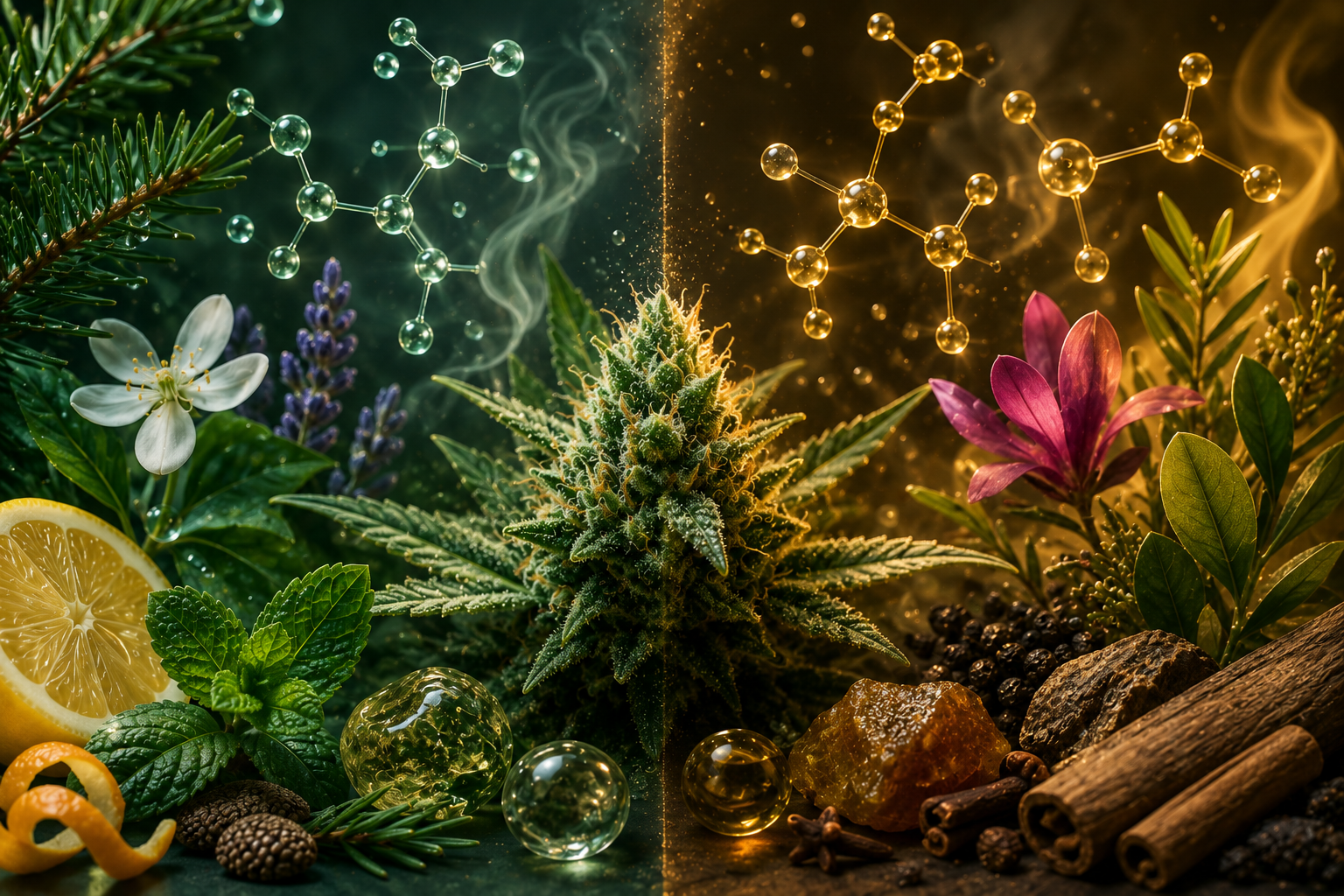 Illustration scientifique représentant une fleur de cannabis entourée de végétaux aromatiques, de structures moléculaires et d'éléments botaniques symbolisant les monoterpènes et les sesquiterpènes.