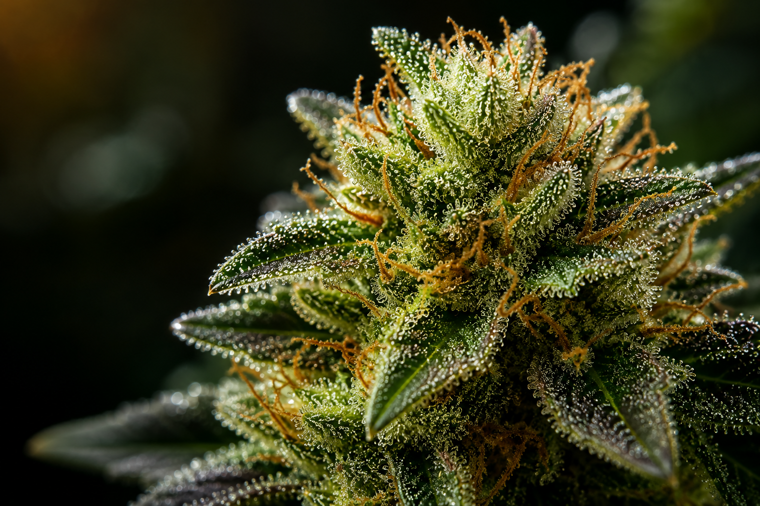 Fleur CBD en gros plan couverte de trichomes résineux