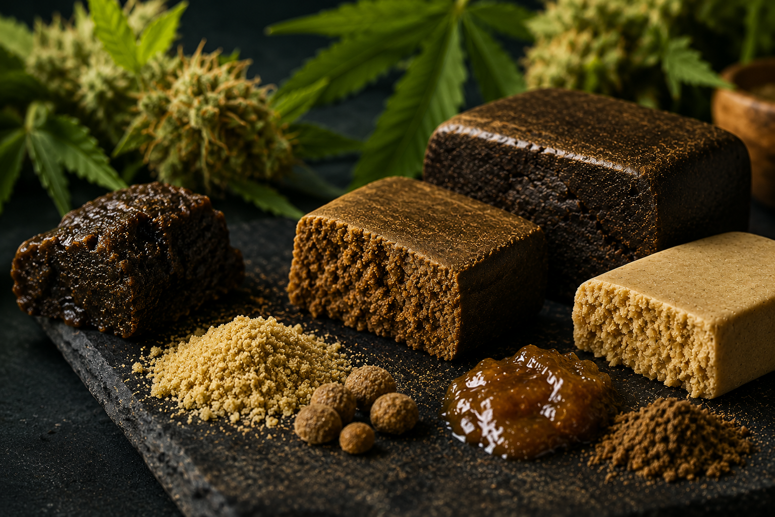Différentes résines CBD claires et foncées présentées avec des fleurs et de la matière tamisée