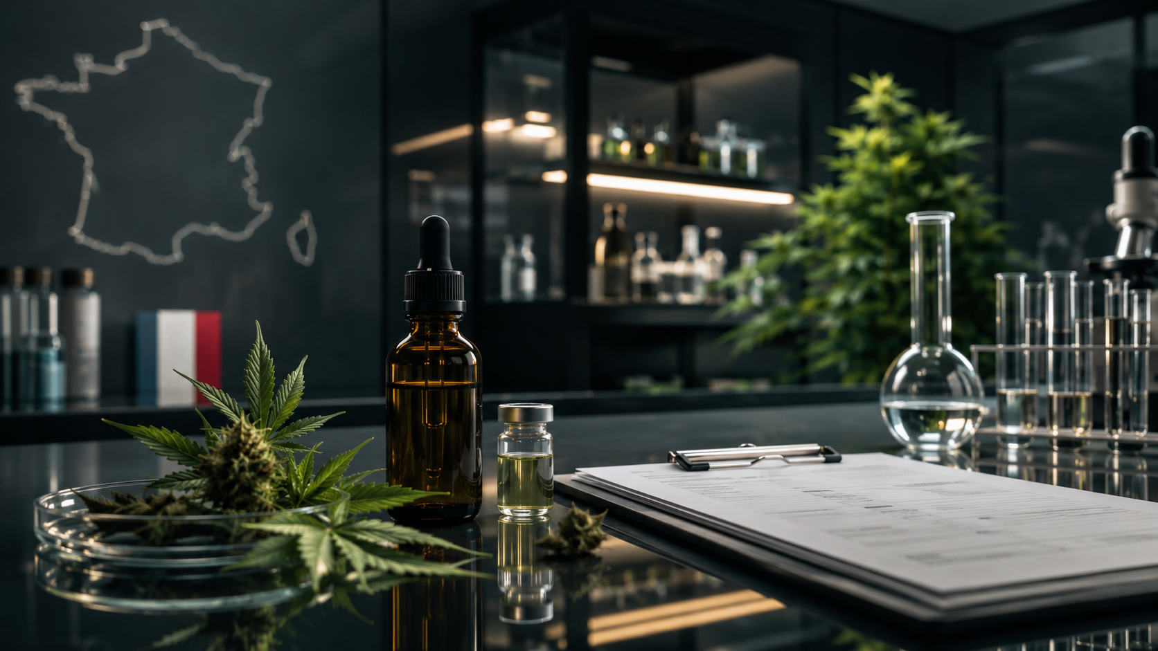 Cannabis médical en France en 2026 avec laboratoire, flacons et préparation pharmaceutique