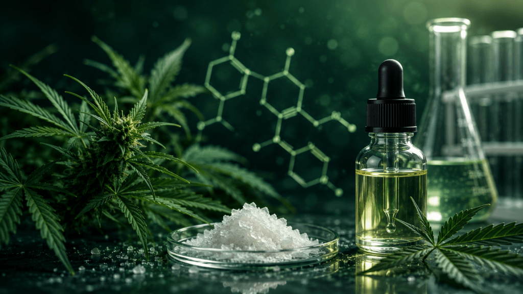 CBD, cannabis et laboratoire illustrant la transformation en HHC et autres cannabinoïdes