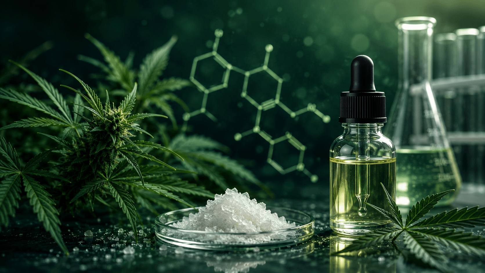 CBD, cannabis et laboratoire illustrant la transformation en HHC et autres cannabinoïdes