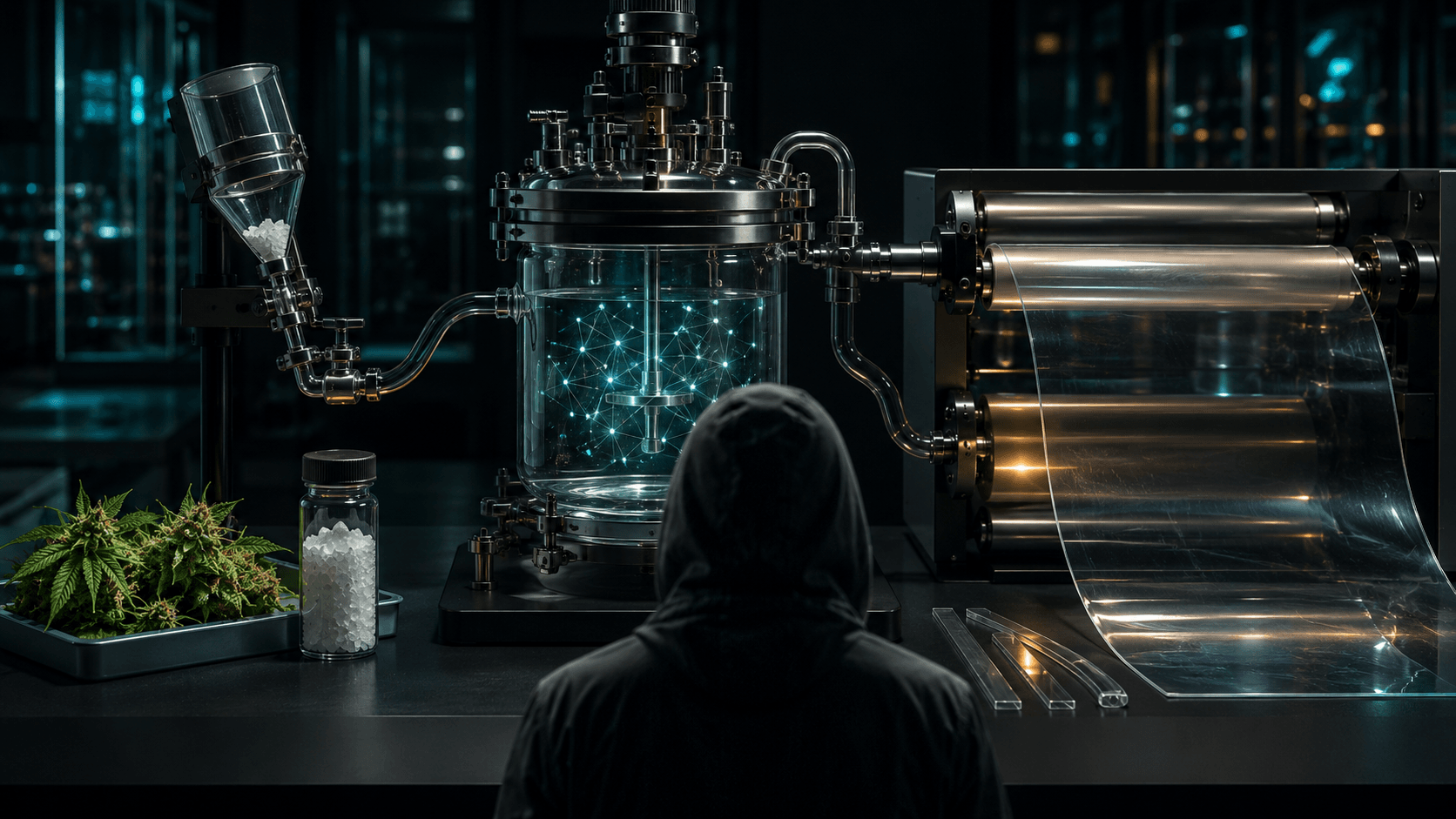 Homme à la capuche observant la fabrication d’un film thermoplastique à partir de CBD isolé dans un laboratoire
