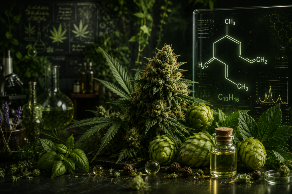 Myrcène dans le cannabis avec structure chimique C10H16
